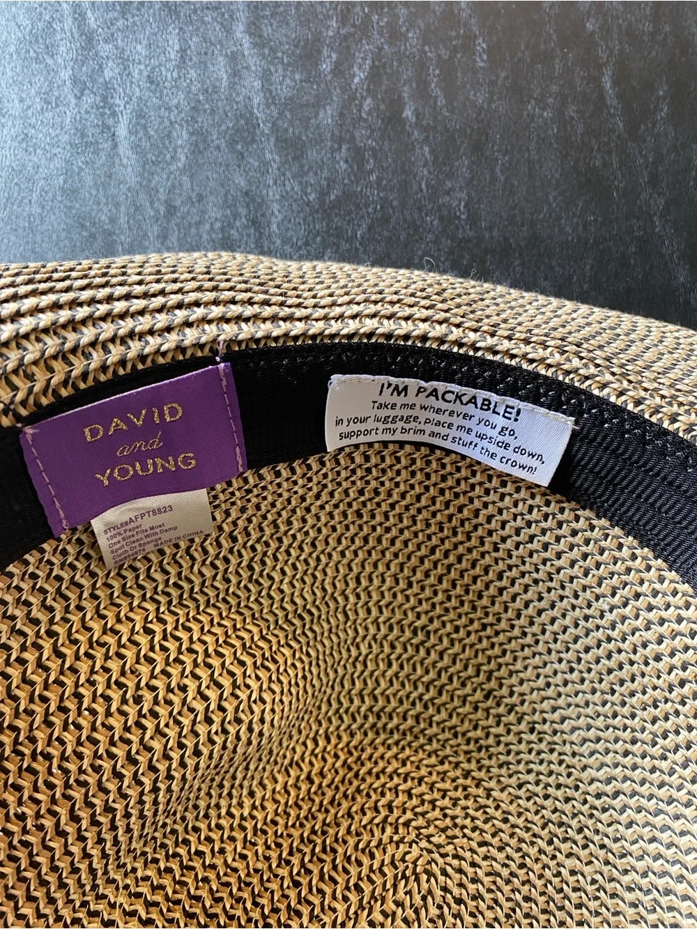 David and Young Tan Toyo Straw Sun Hat with Black Trim and Bow Detail on Back